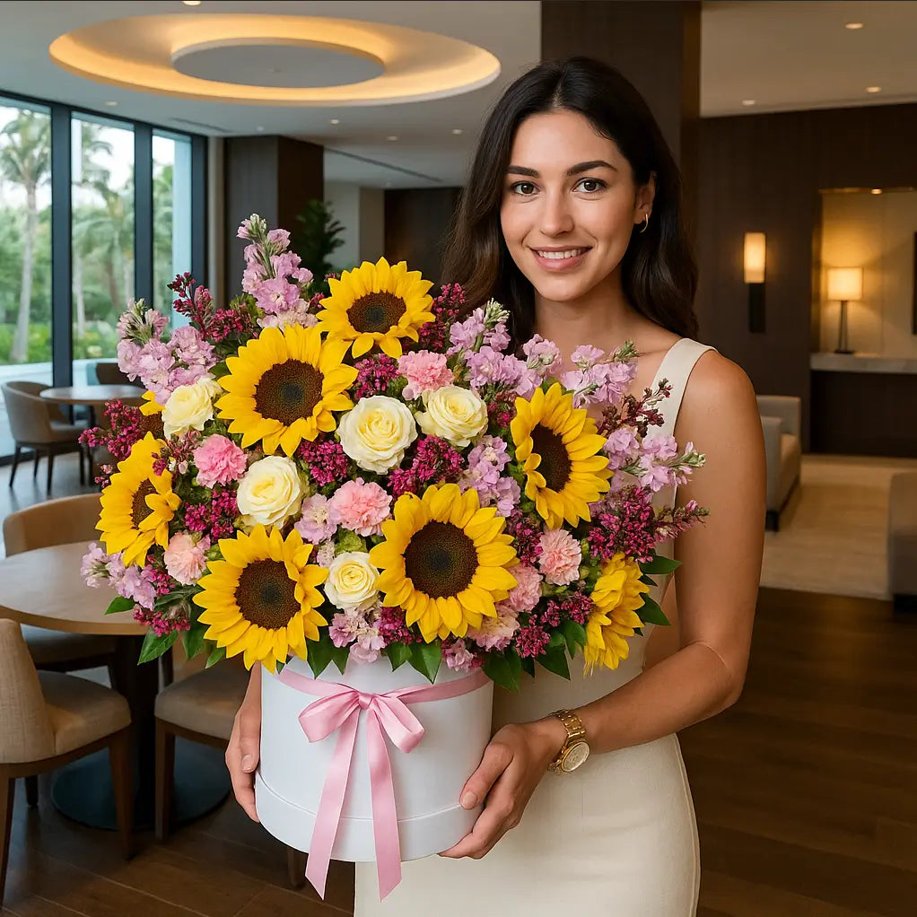 Sunflower Island XL bouquet in a white designer box with sunflowers, carnations, and roses held by woman in luxury hotel lobby — Miami floral gift