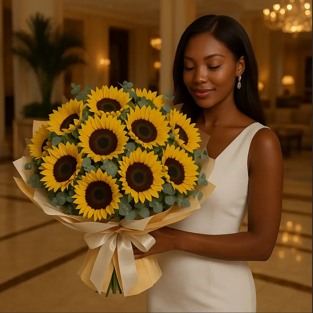 Sunflower Lover hand-tied bouquet with eucalyptus, white and yellow wrap held by elegant woman in luxury interior â flower delivery Miami