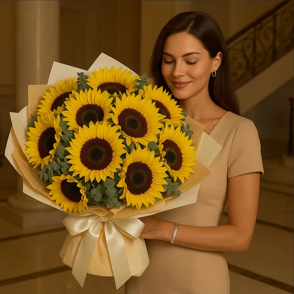 Sunflower Lover bouquet with extra-large volume and eucalyptus in white and yellow wrap held by elegant woman â luxury flower delivery Miami