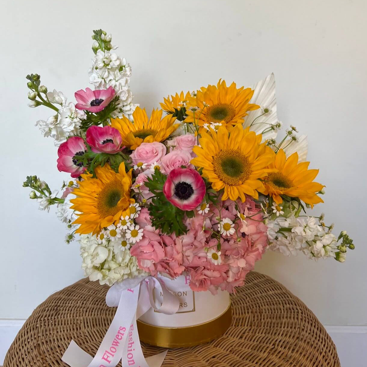 Sunny Day floral bouquet with sunflowers, pink roses and white blooms in a designer box — Miami flower delivery