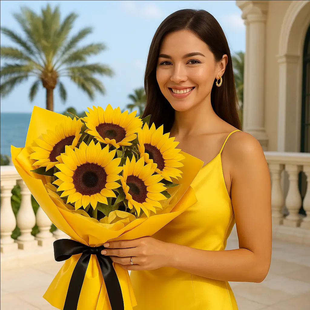 Sunny Delight hand-tied bouquet with decorative sunflowers and yellow wrap, held by elegant woman â luxury flower delivery Miami