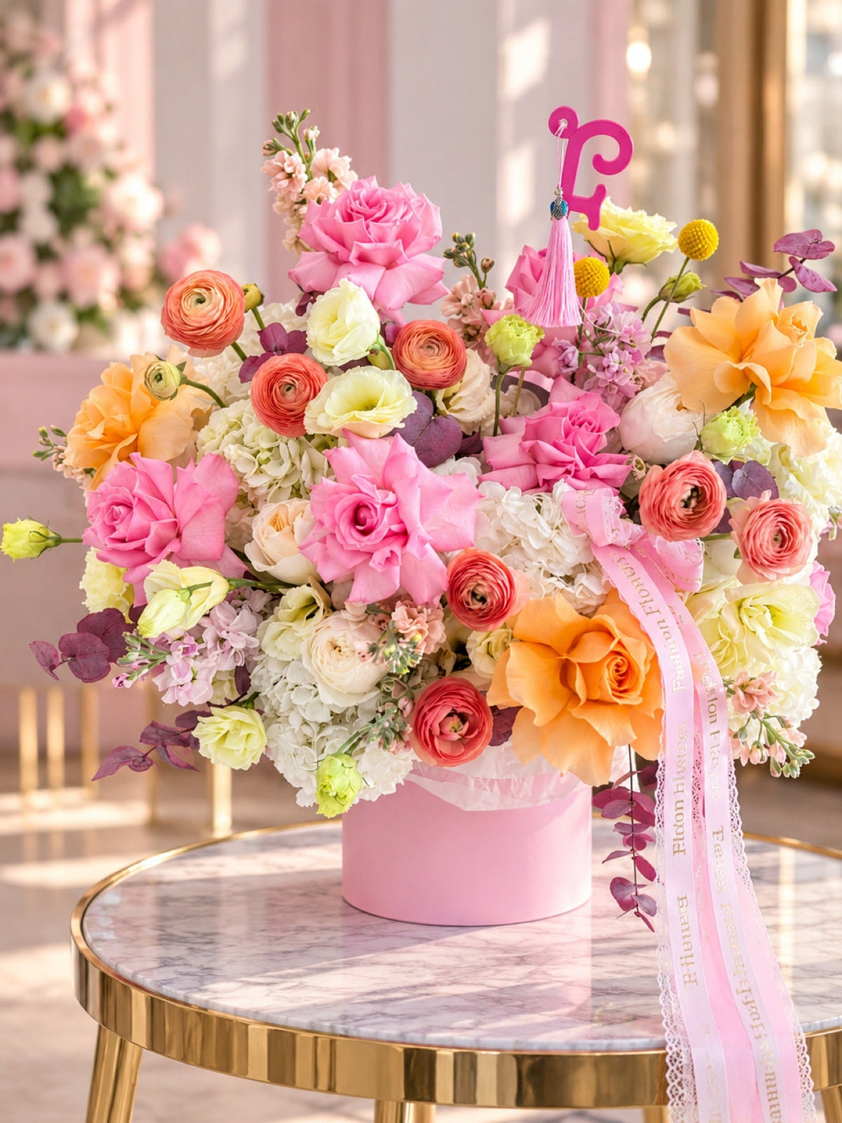 Flower Box Arrangement of roses, garden roses, ranunculus, hydrangeas, lisianthus, craspedia — Sunset Fiesta