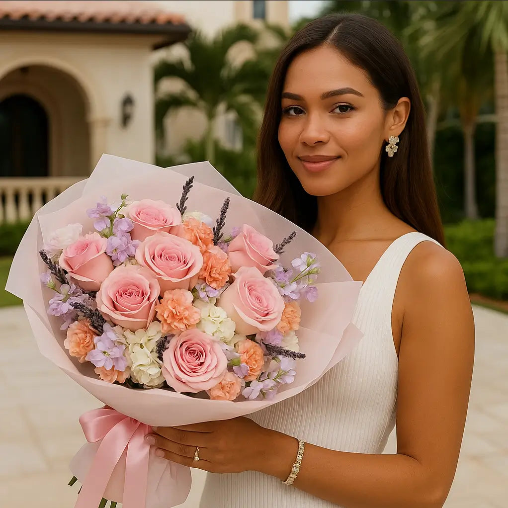 Suzanne hand-tied bouquet with soft pink and peach tones held by elegant woman near Mediterranean-style villa — luxury flower delivery Miami
