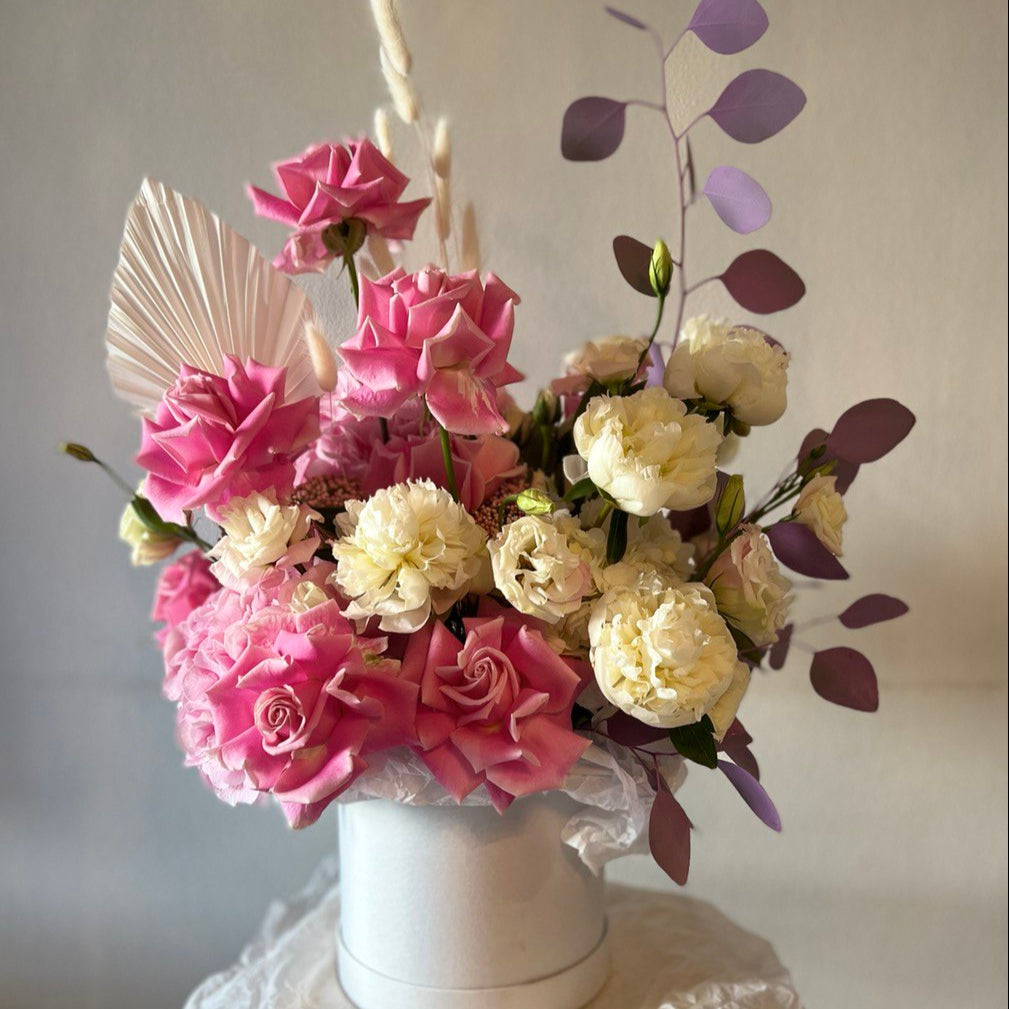 Soft pink and white bouquet in a designer box — luxury flower delivery in Miami, same-day