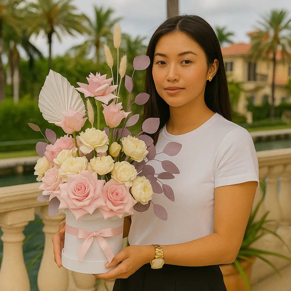Soft pink and white bouquet in a designer box on a villa balcony — luxury flower delivery in Miami, same-day