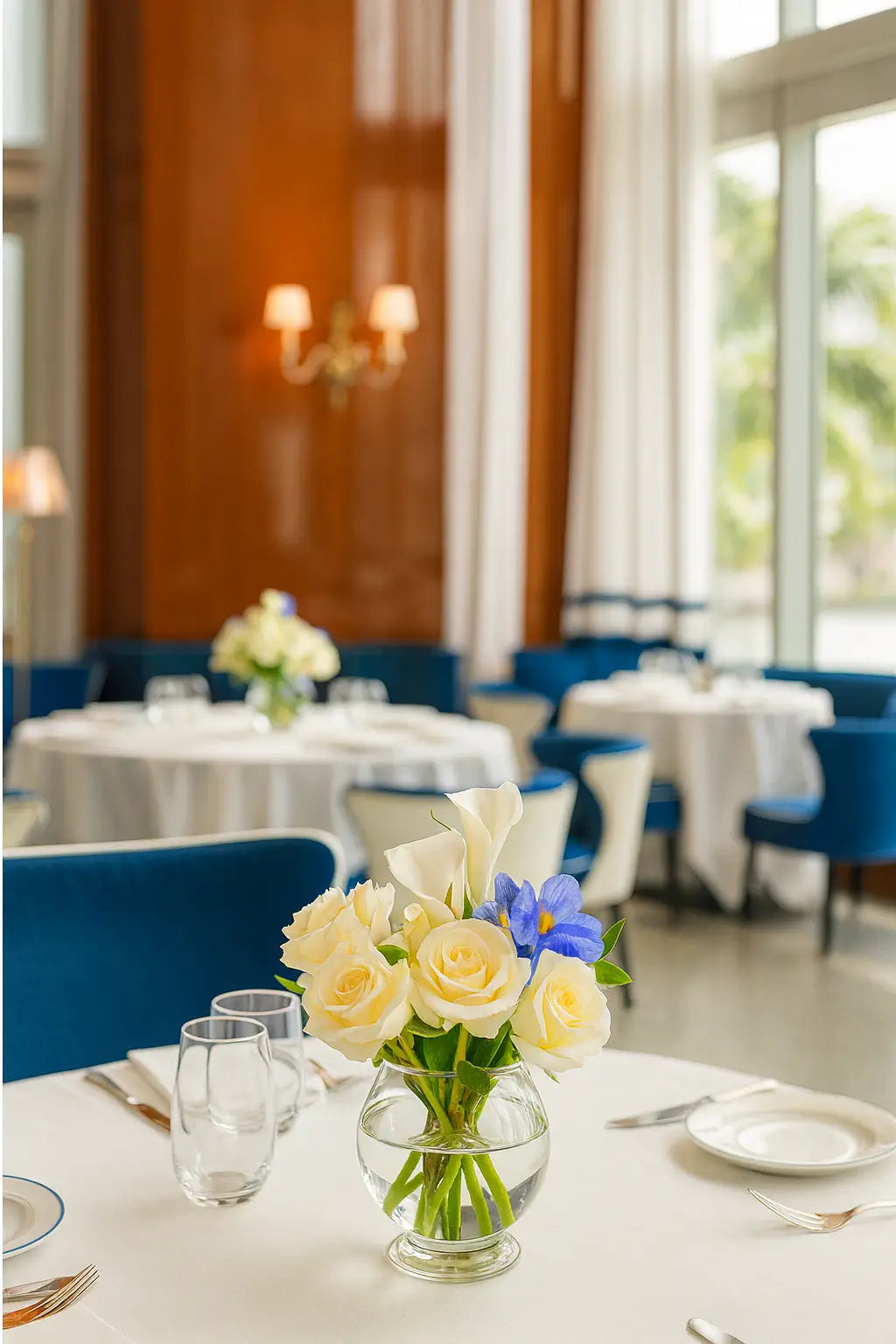 Floral arrangement on the Cipriani Downtown Miami table: a low round vase of cream roses, white calla lilies and blue irises, complemented by white tablecloths and blue chairs in the daylight.