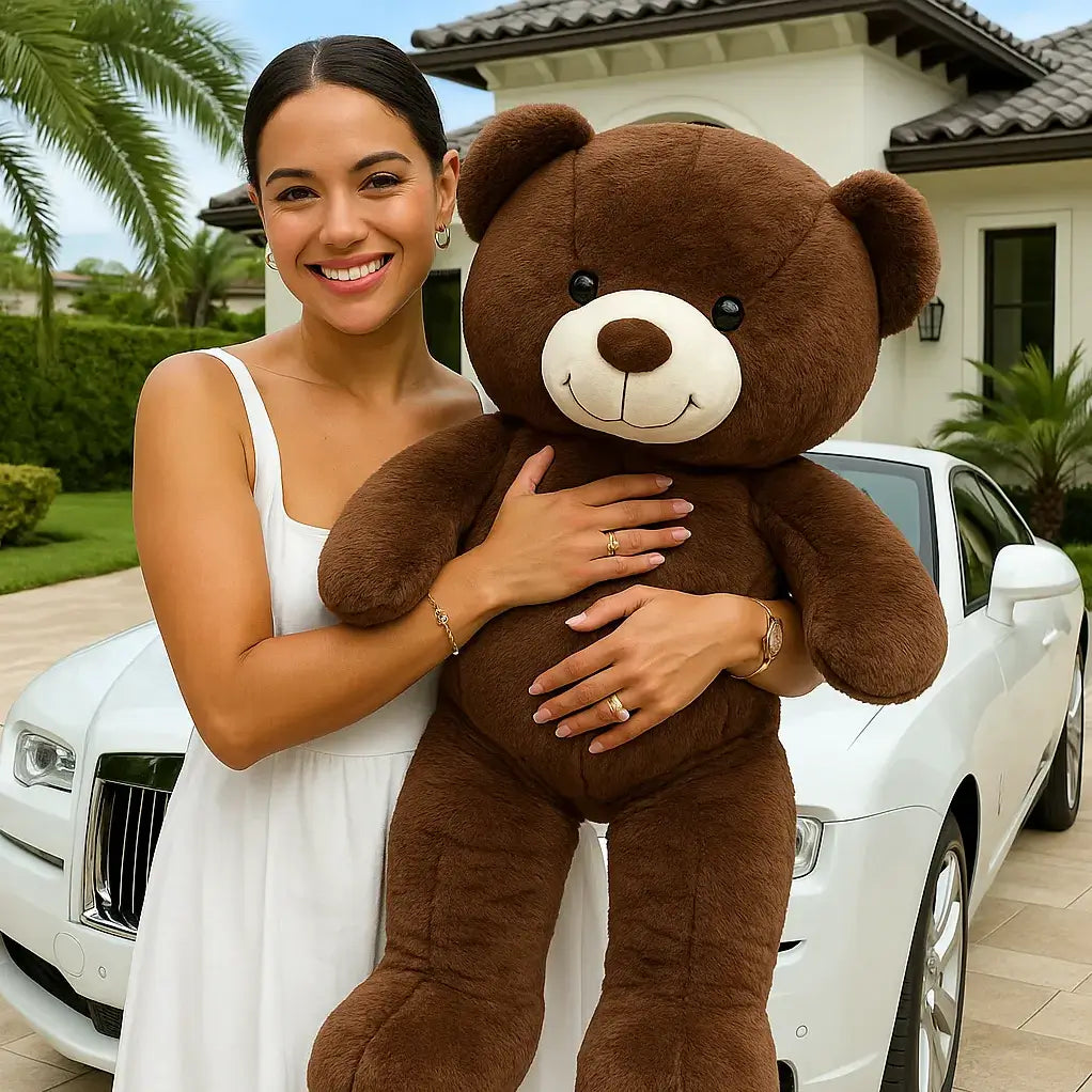 Spanish woman in white dress holding brown teddy bear by white luxury car and villa — special occasion Miami