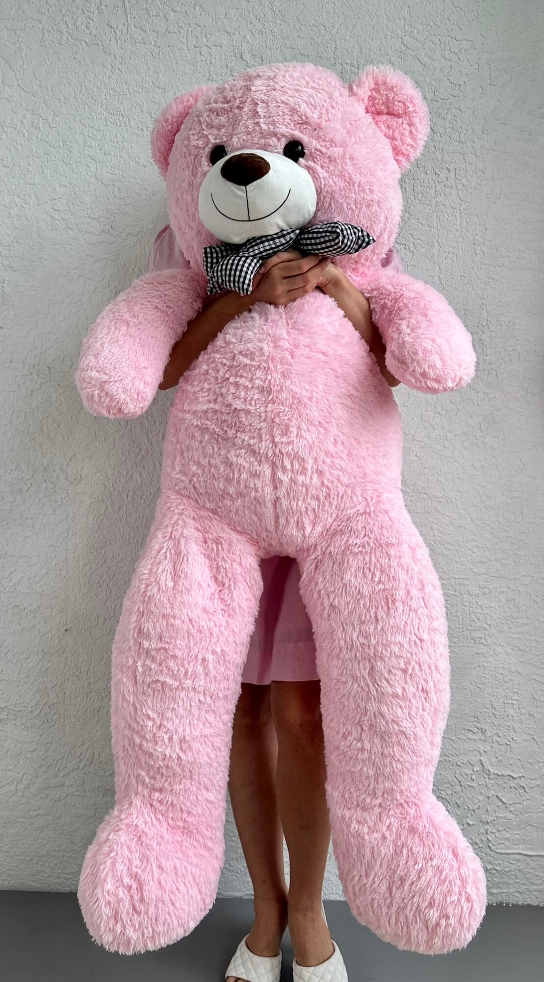 Woman holding brown teddy bear by pink — special occasion Miami