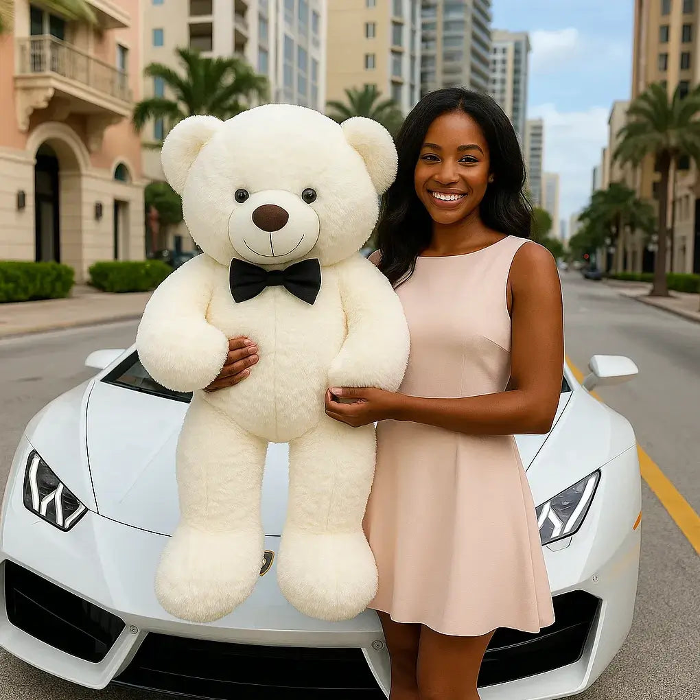 Giant white teddy bear with African American woman on white Lamborghini in luxury city street — special occasion Miami