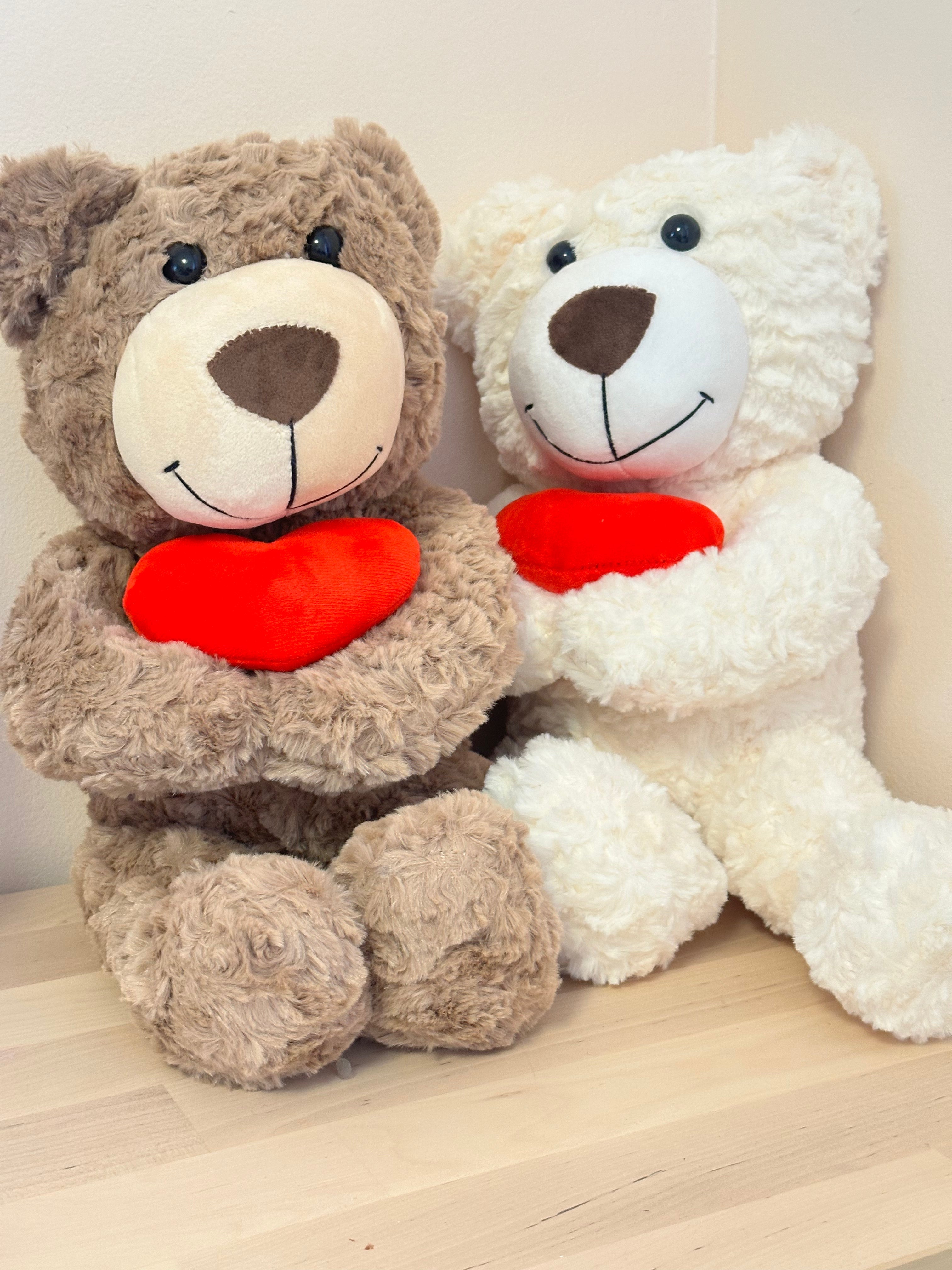 White and brown teddy bears with red hearts sitting — elegant romantic gift in Miami