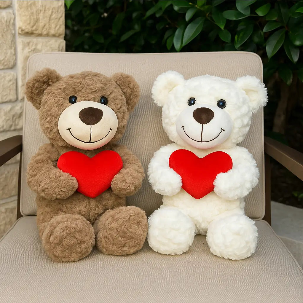 White and brown teddy bears with red hearts sitting on a luxury chair — elegant romantic gift in Miami