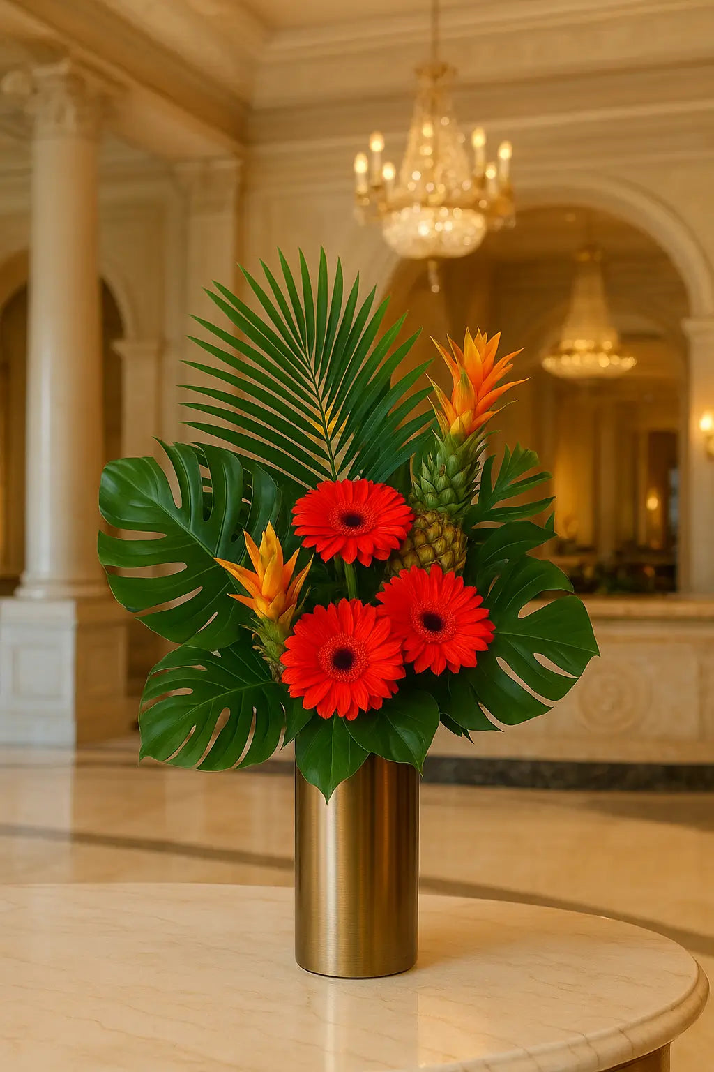 Tropical exotic floral arrangement for Acqualina Resort – vibrant anthuriums, heliconias, and lush greenery in a modern vase with the resort’s pool in the background.
