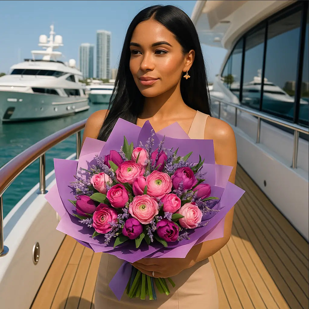 Hand-tied bouquet with tulips and ranunculus in pink and lavender tones held by woman on a yacht â luxury flower delivery Miami