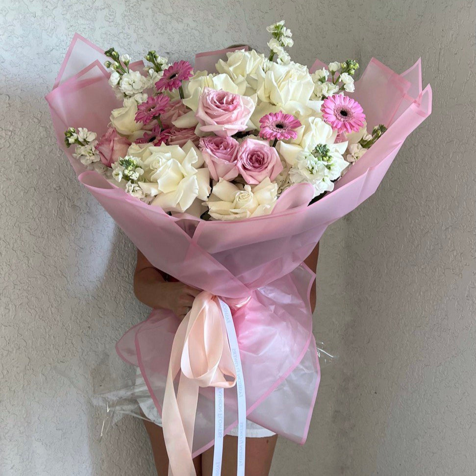 Whispers of Romance large hand-tied bouquet with white roses and pink daisies — luxury flower delivery Miami