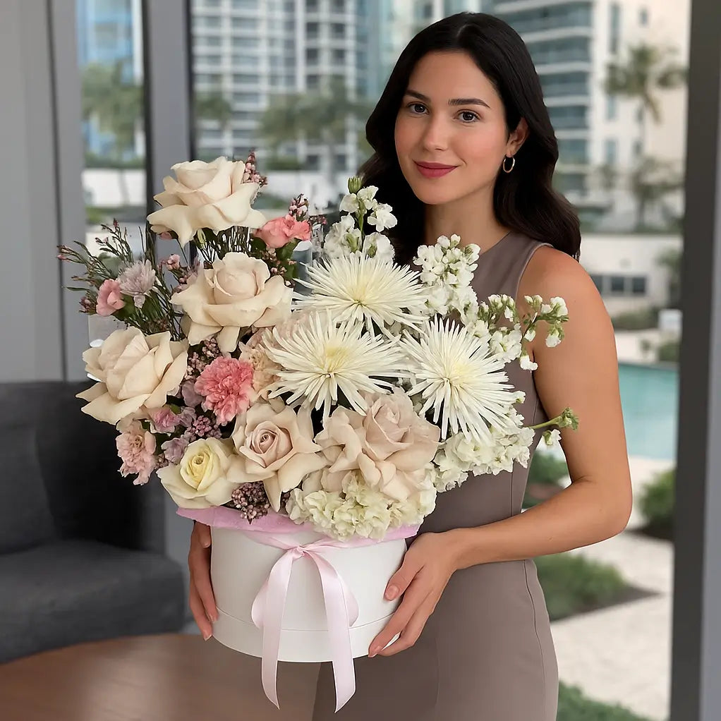 Oversized designer box with cream roses and white mums held by woman on city terrace near pool — Miami flower delivery