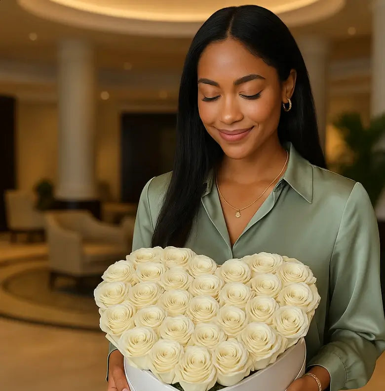 Woman holding luxury heart-shaped white rose box in elegant hotel lobby â premium flower delivery Miami