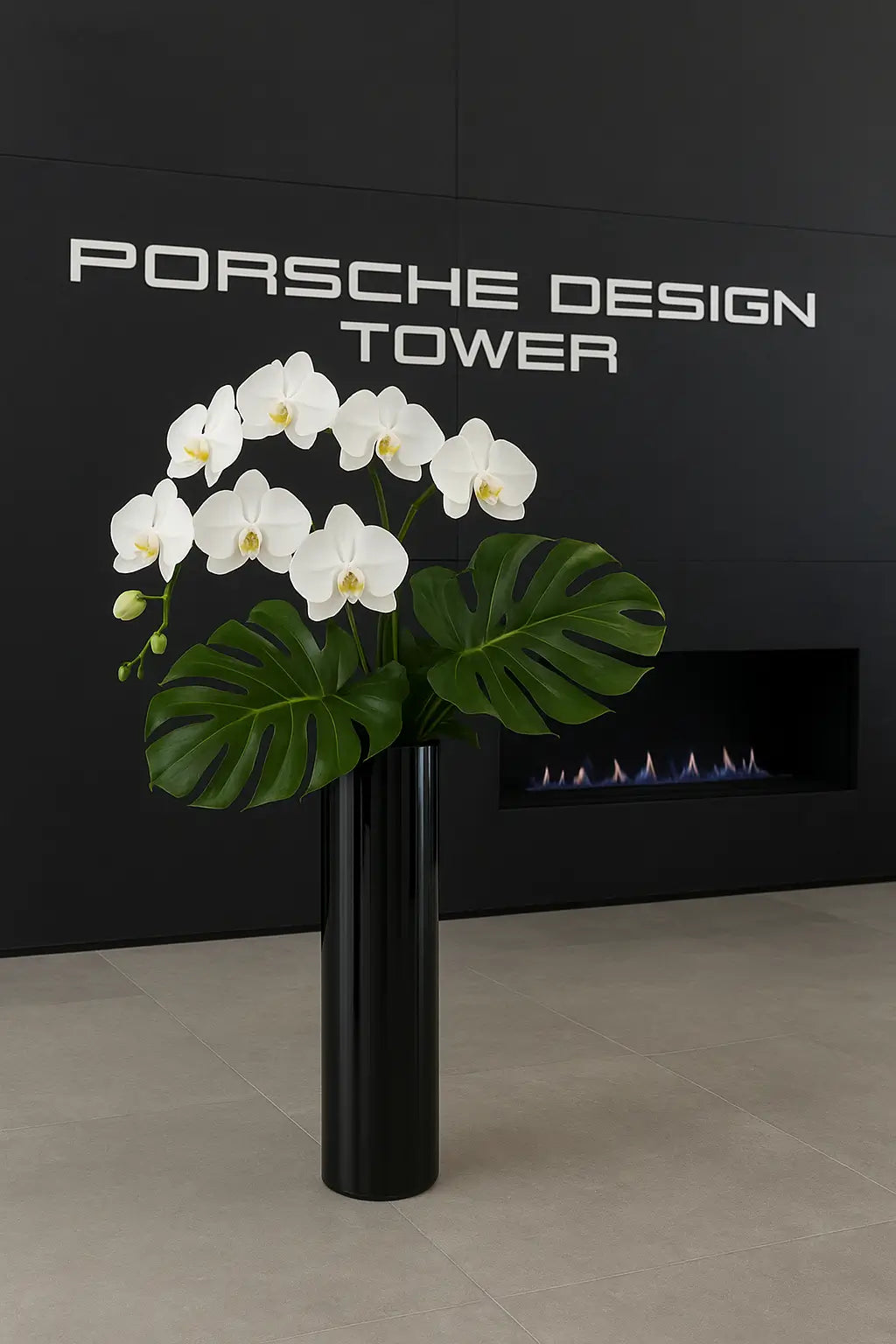 White orchids with monstera leaves in tall vase — premium luxury flower delivery Miami