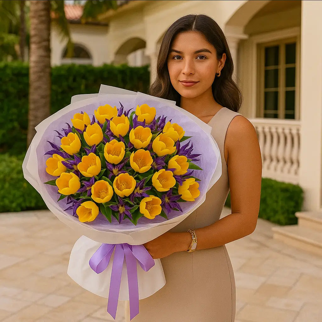 Extra-large yellow tulip bouquet with purple lisianthus in white and lavender wrap — luxury Miami flower delivery