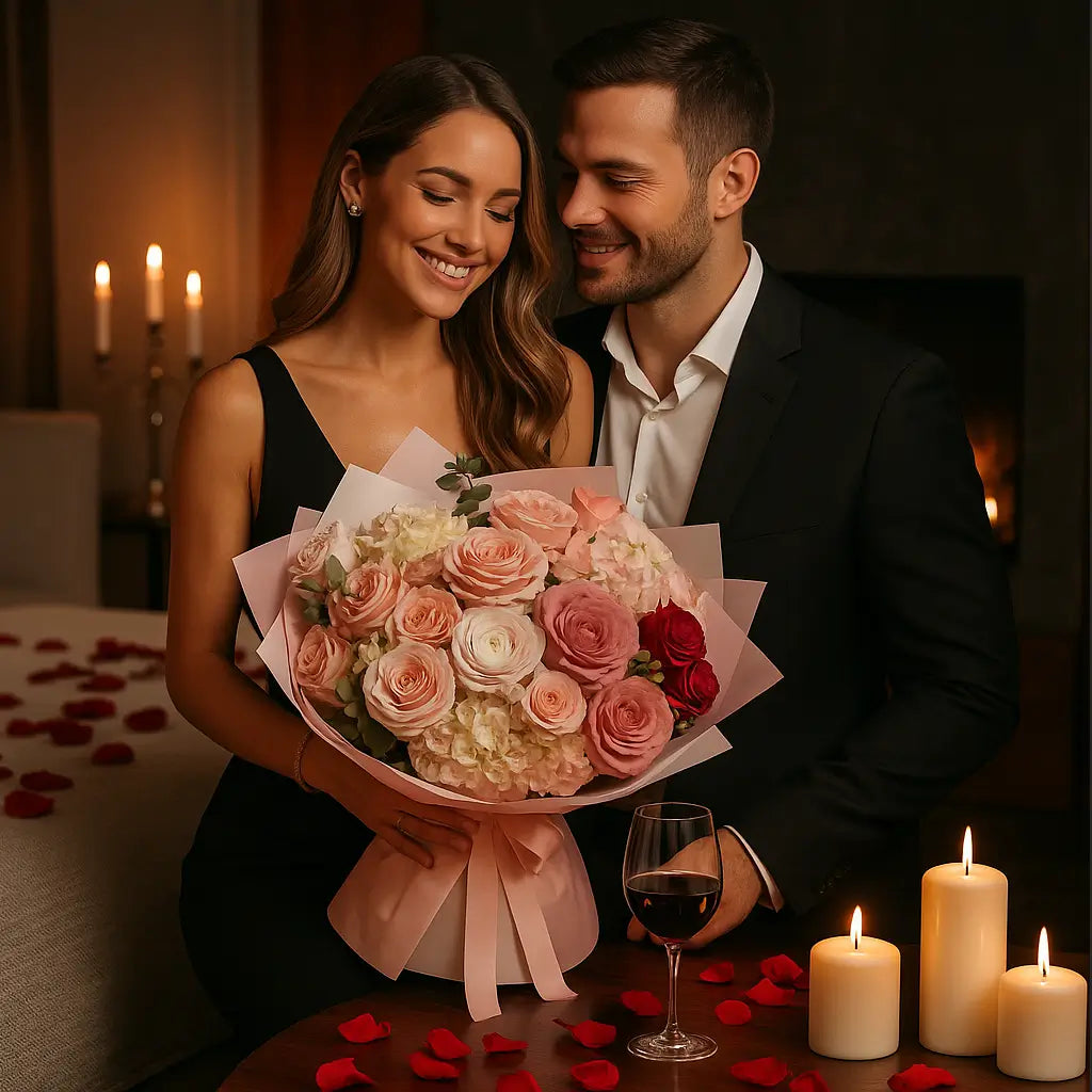 Elegant flower arrangement with pink and white roses in a designer фтв candles — perfect anniversary gift for same-day delivery in Miami