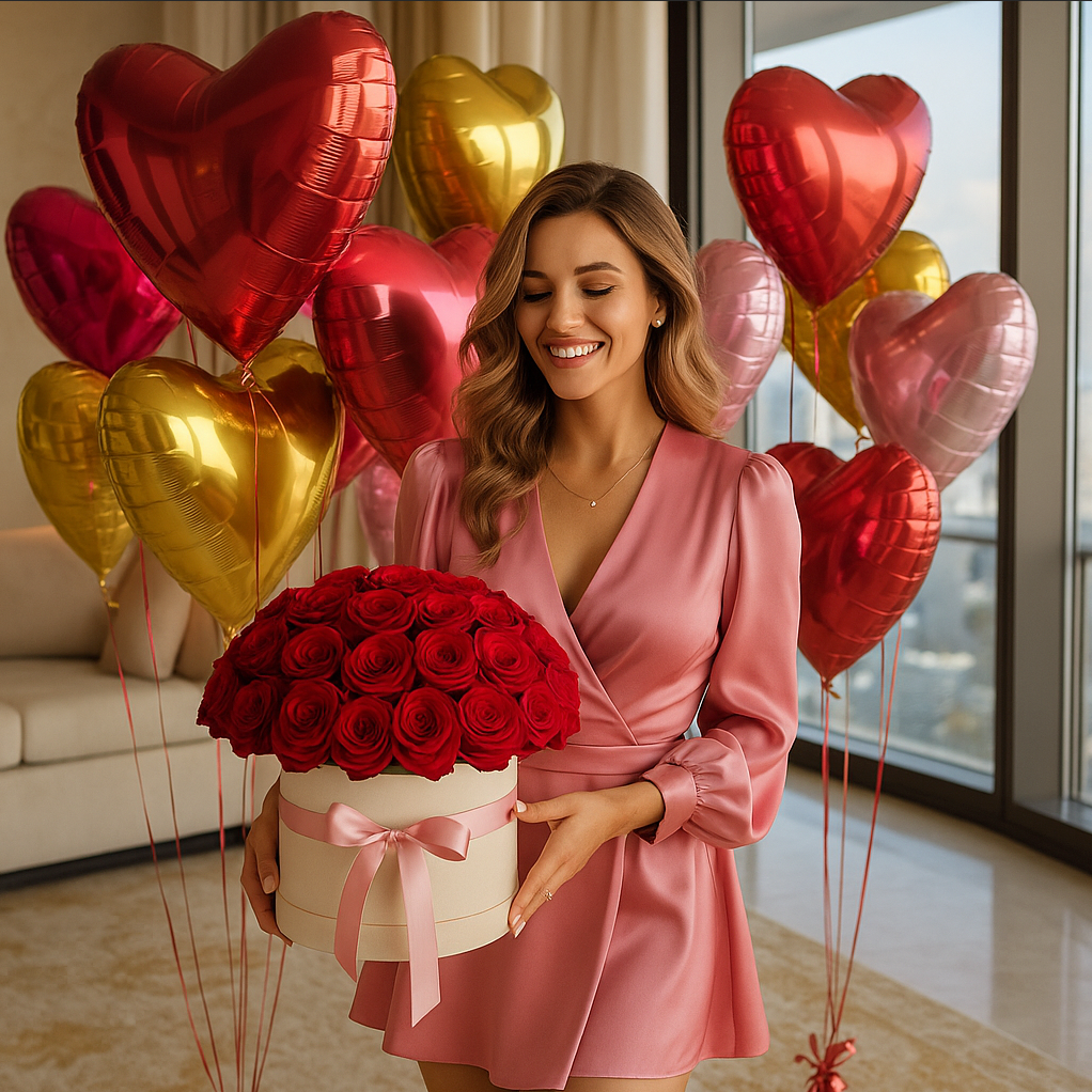 Luxury bouquet with heart-shaped red and gold balloons held by smiling woman in penthouse
