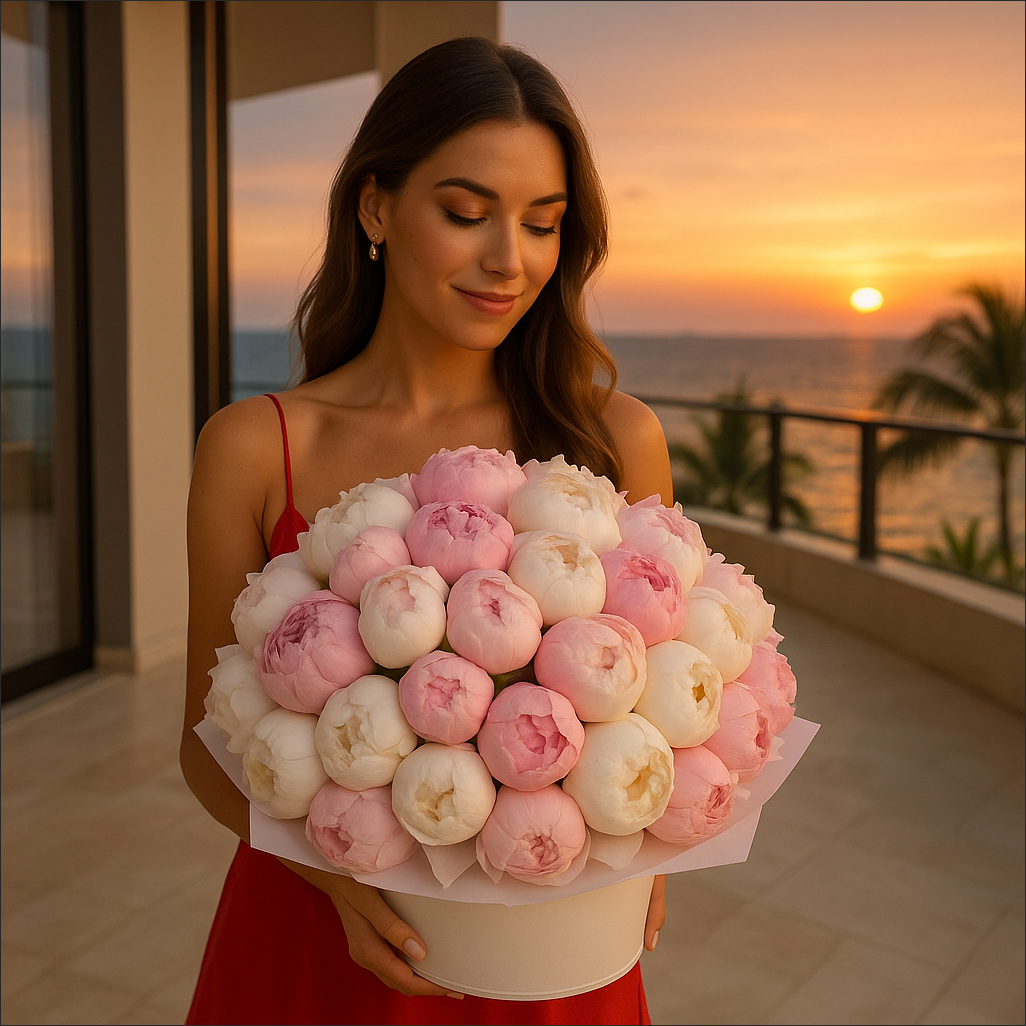Luxury bouquet of white and pink peonies in a designer box — elegant romantic gift with a smiling woman in a sunset interior