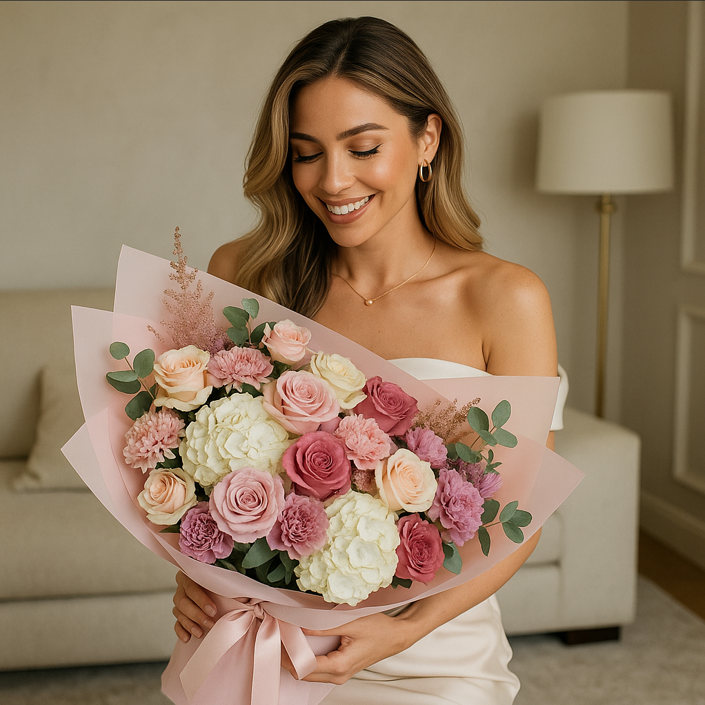 Elegant bouquet of pastel roses and hydrangeas in pink wrap — smiling woman in satin dress for Mother's Day