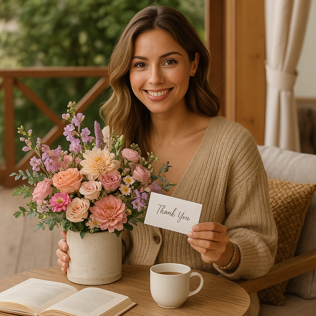 Thank you flower vase with pastel bouquet on balcony table — cozy gift moment with smiling woman