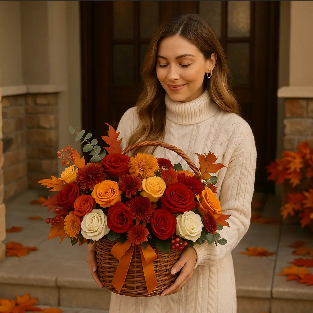 Autumn flower basket with roses and chrysanthemums on a porch — Thanksgiving floral gift with smiling woman