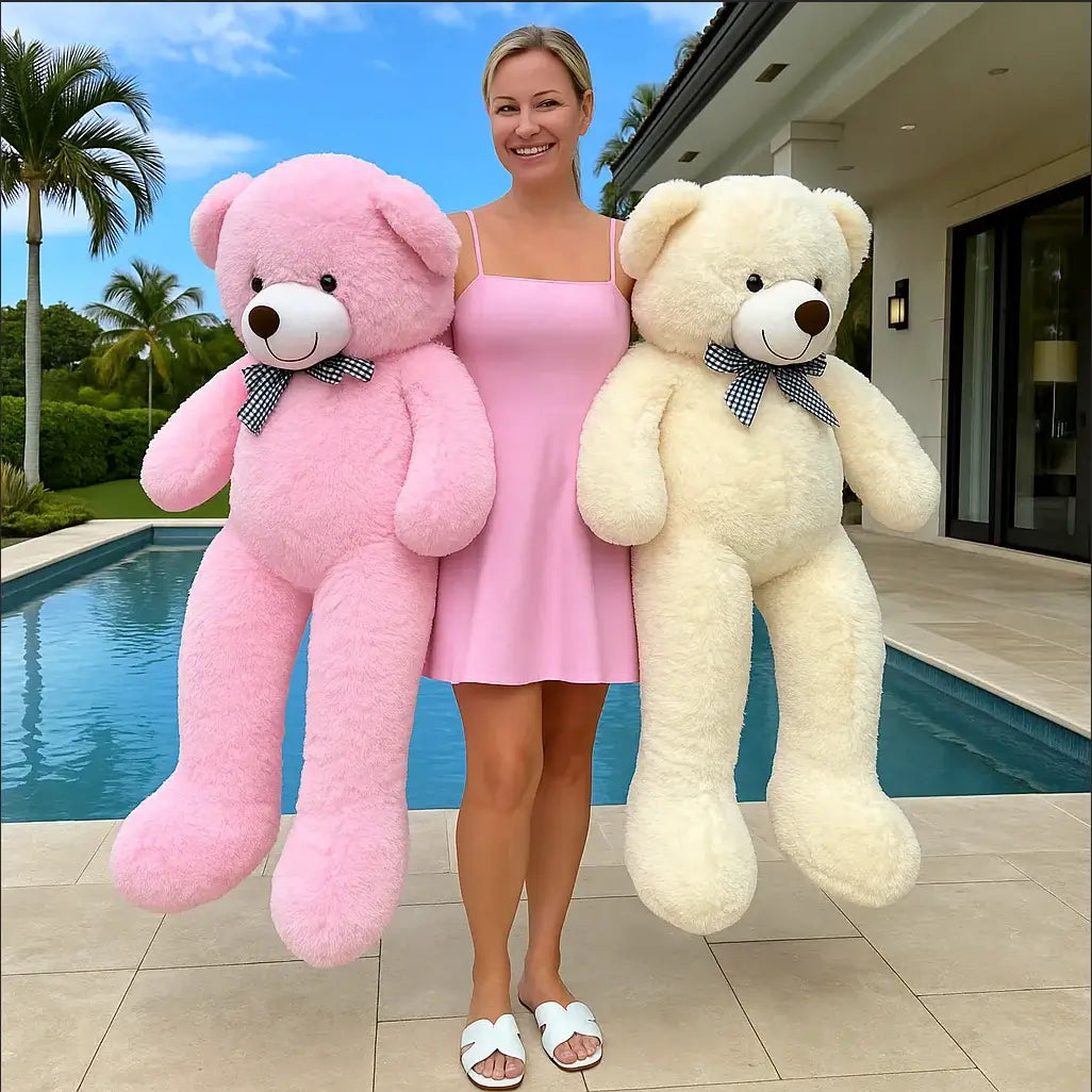 Luxury 140cm teddy bears in pink and cream with smiling woman by villa pool — special occasion gift Miami
