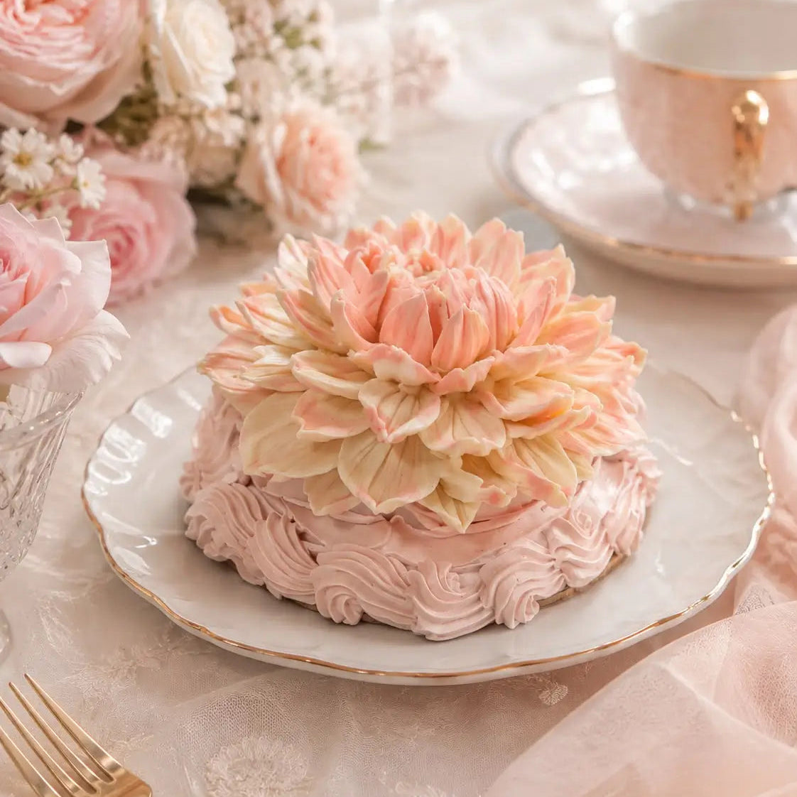 Handcrafted floral cupcake styled as a peach dahlia flower on a white plate by Art Dessert Atelier, available through Miami Flower Delivery.