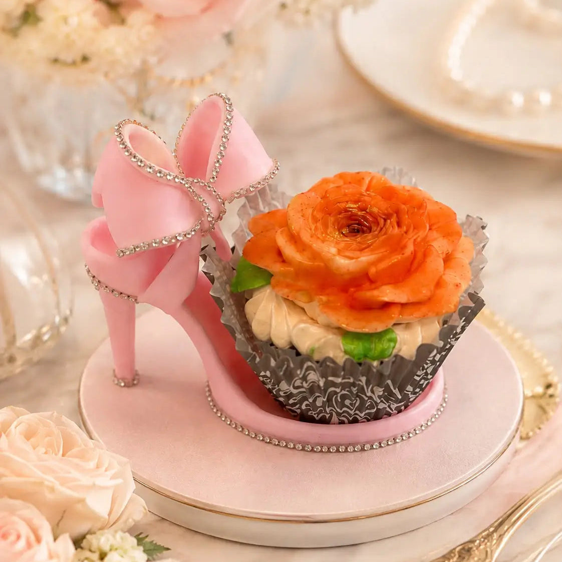 The Sweetest Proposal with jeweled slipper and handcrafted Zefir rose cupcake by Art Dessert Atelier