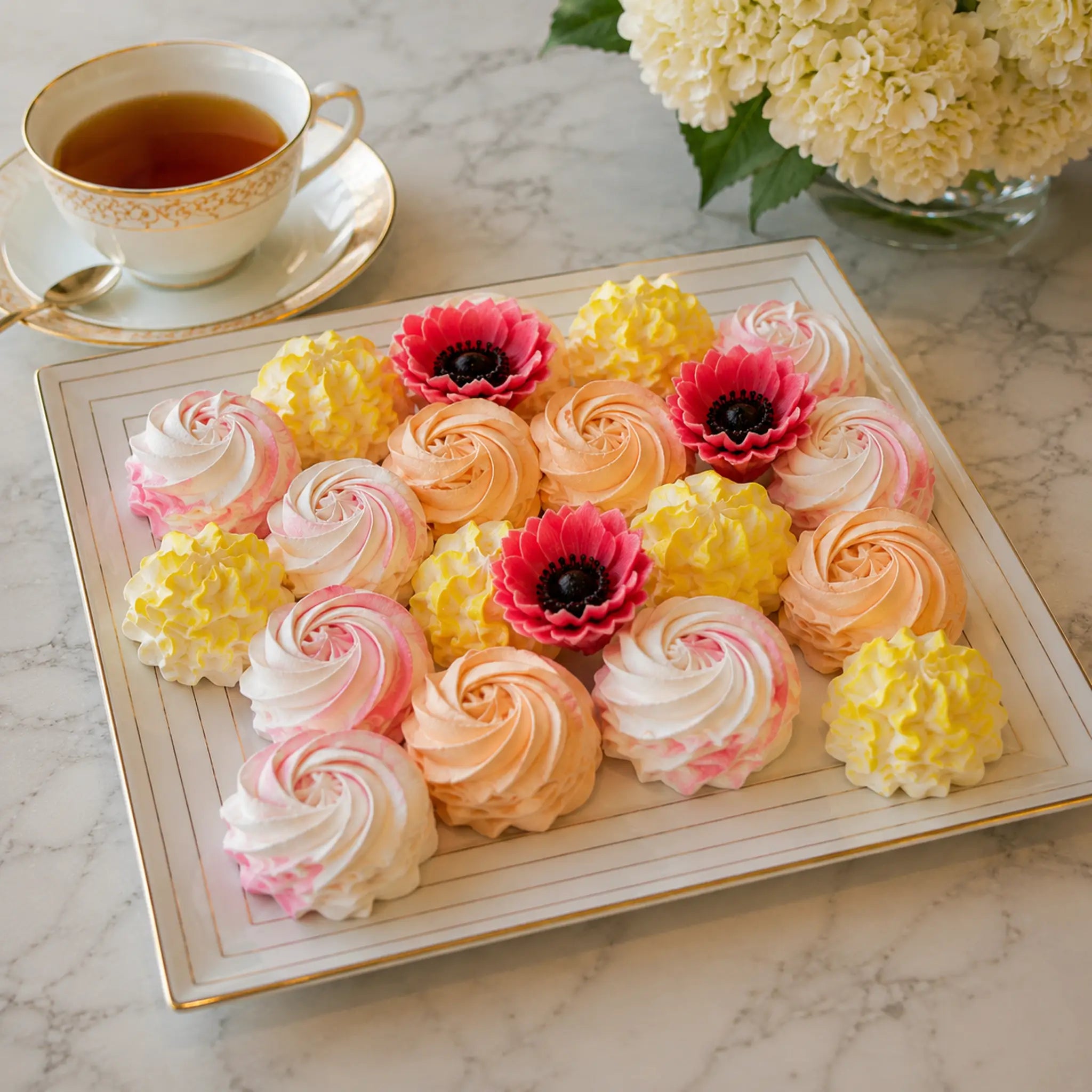 Handcrafted Zephyr Swirls arranged as edible floral art on an elegant plate by Art Dessert Atelier in Miami