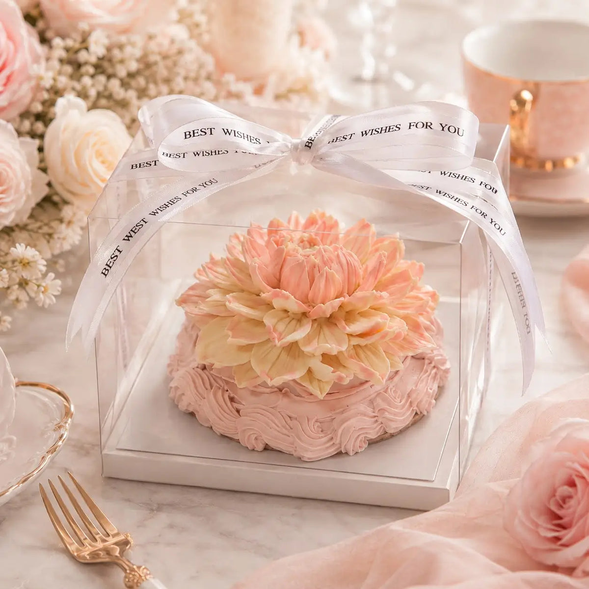 Handcrafted floral cupcake in a clear gift box with a white ribbon by Art Dessert Atelier, available through Miami Flower Delivery.