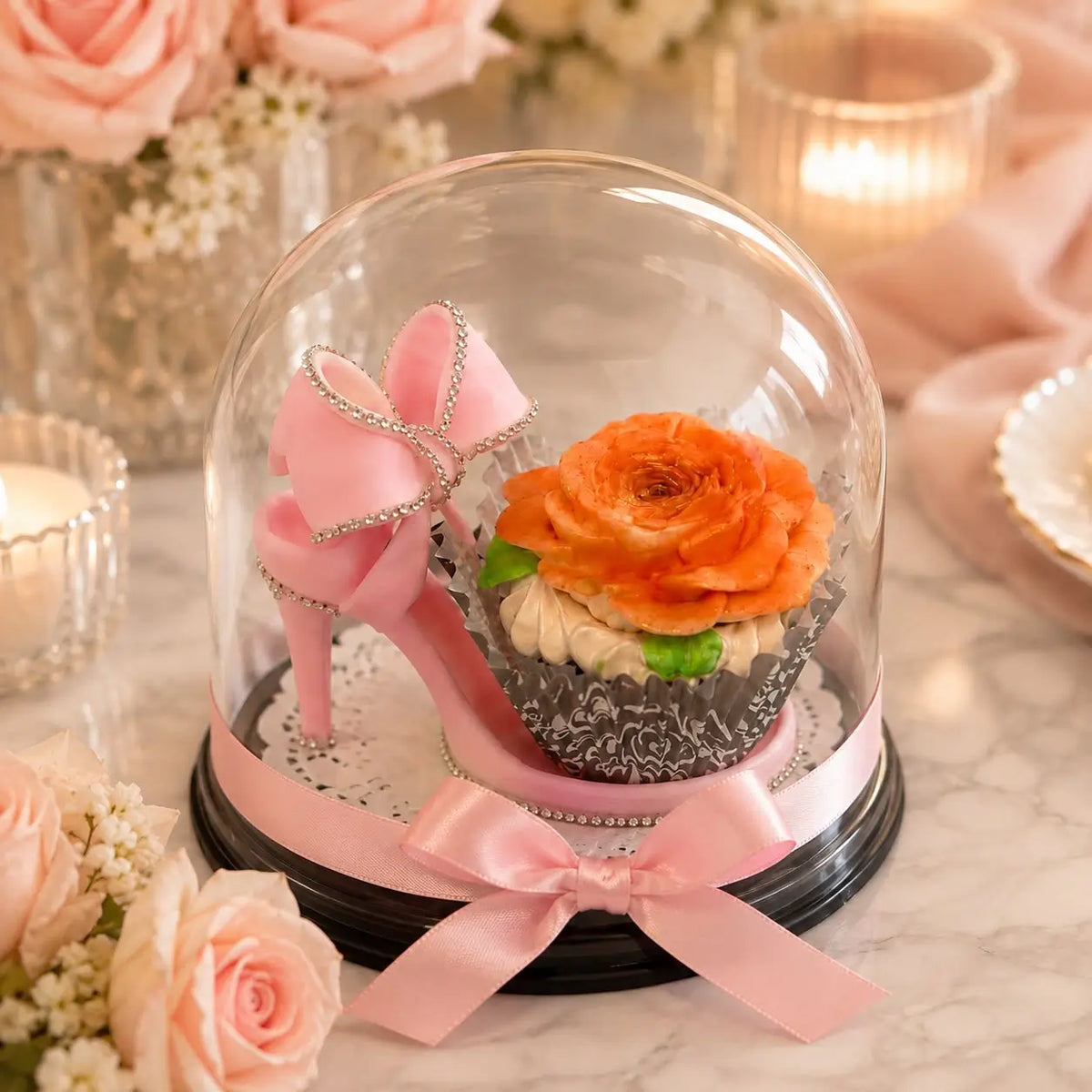 Zefir rose cupcake with jeweled slipper in a clear gift dome by Art Dessert Atelier in Miami