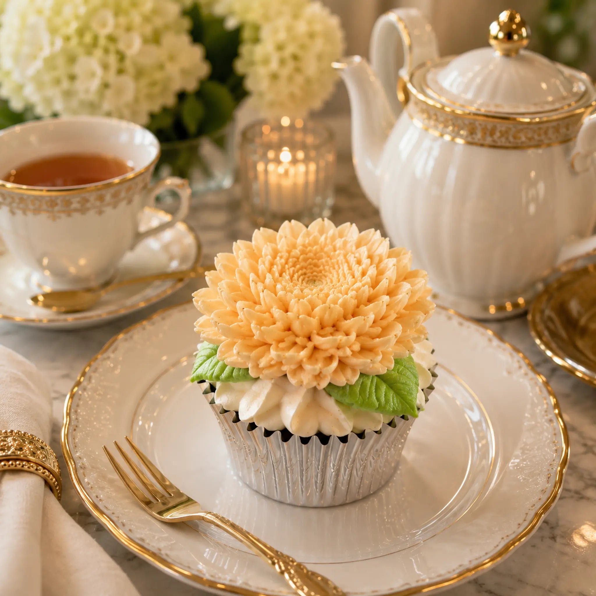 Handcrafted peach floral cupcake presented with an elegant tea setting by Art Dessert Atelier