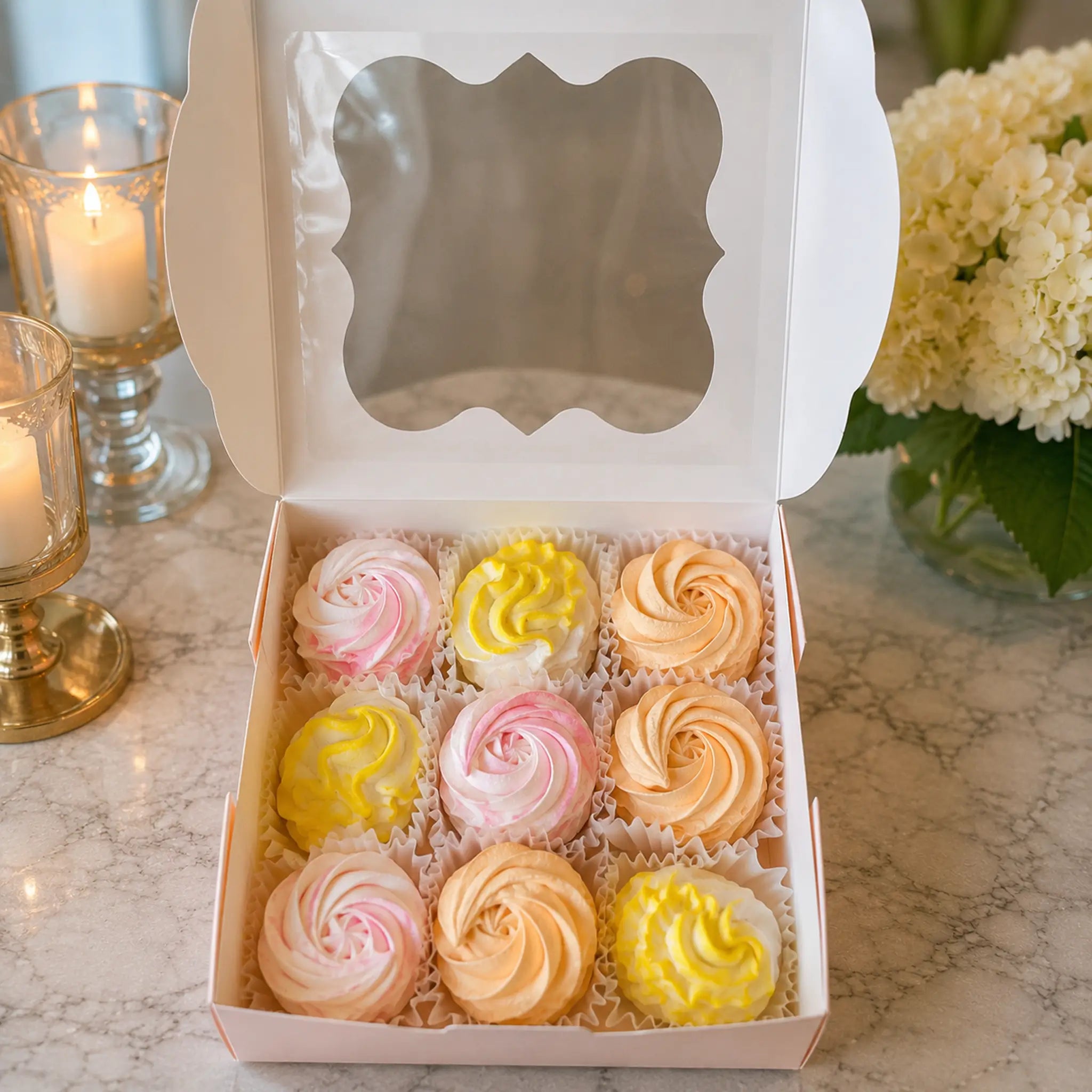Open gift box with handcrafted Zephyr Swirls by Art Dessert Atelier, available through Miami Flower Delivery