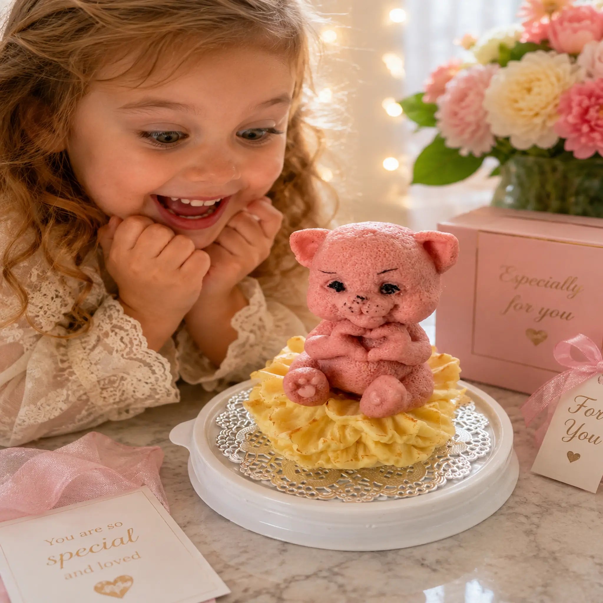Handcrafted kitten zephyr character displayed on an edible flower by Art Dessert Atelier