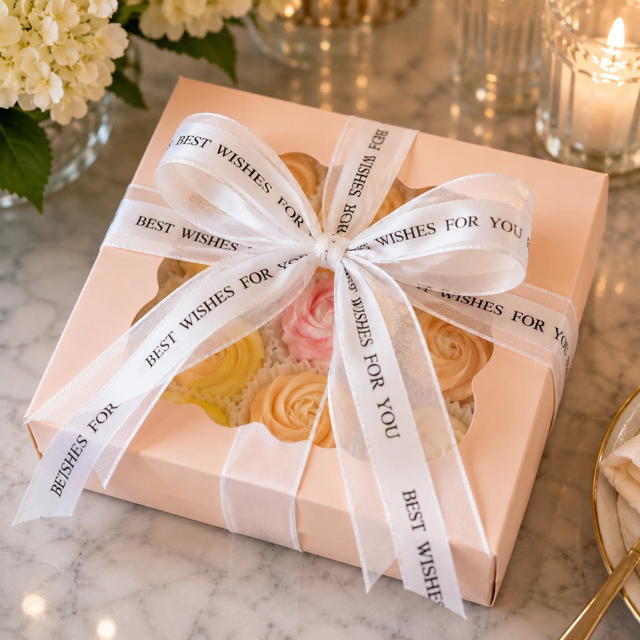 Zephyr Swirls gift box with Best Wishes ribbon by Art Dessert Atelier for Miami Flower Delivery