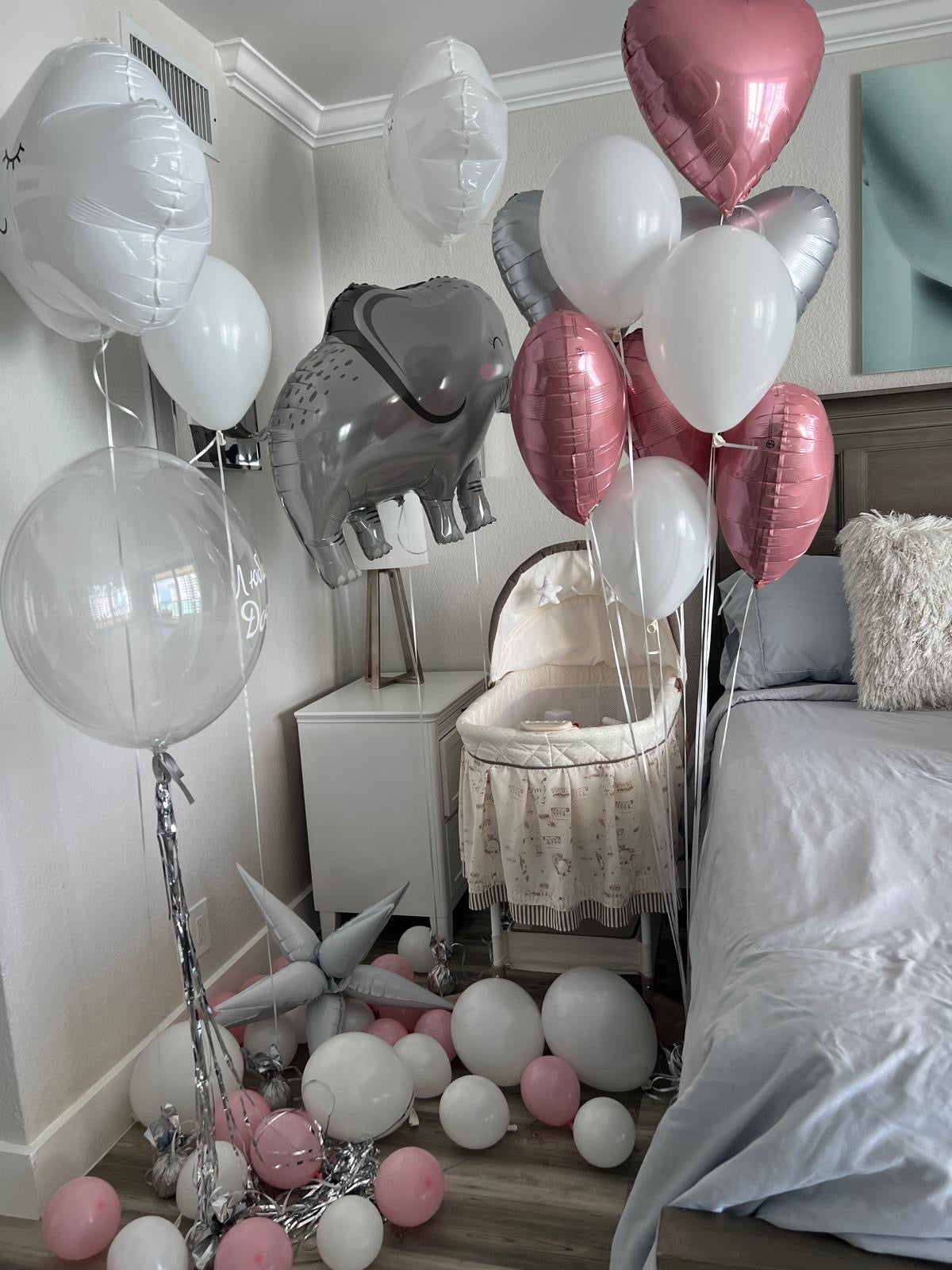 Baby Shower & Welcome Home Decoration – Pink, White & Silver Balloon Room Setup