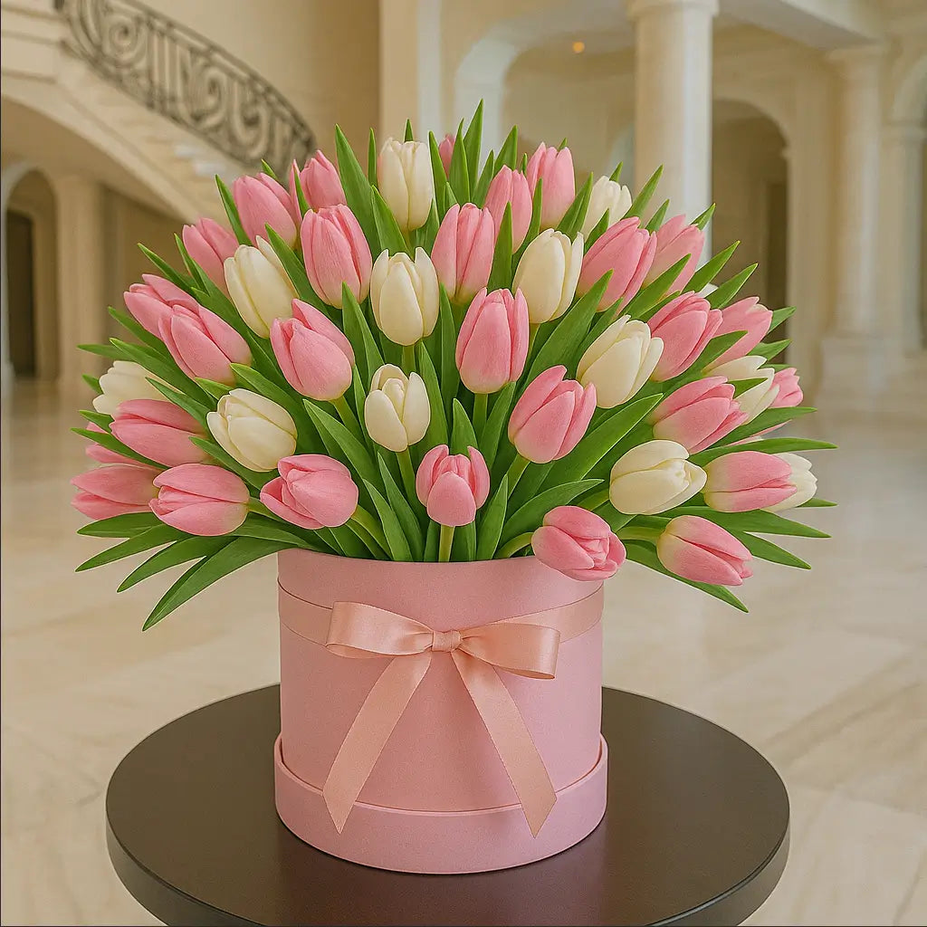 100 Tulips Large luxury tulip arrangement in soft pink and white in a designer hatbox — flower delivery Miami villa interior