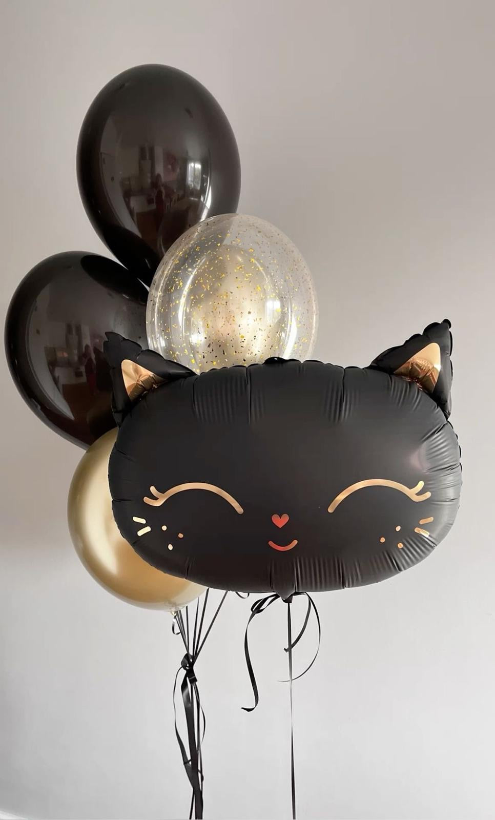 Black Cat Balloon Bouquet – Elegant Birthday Balloon Set in Black & Gold