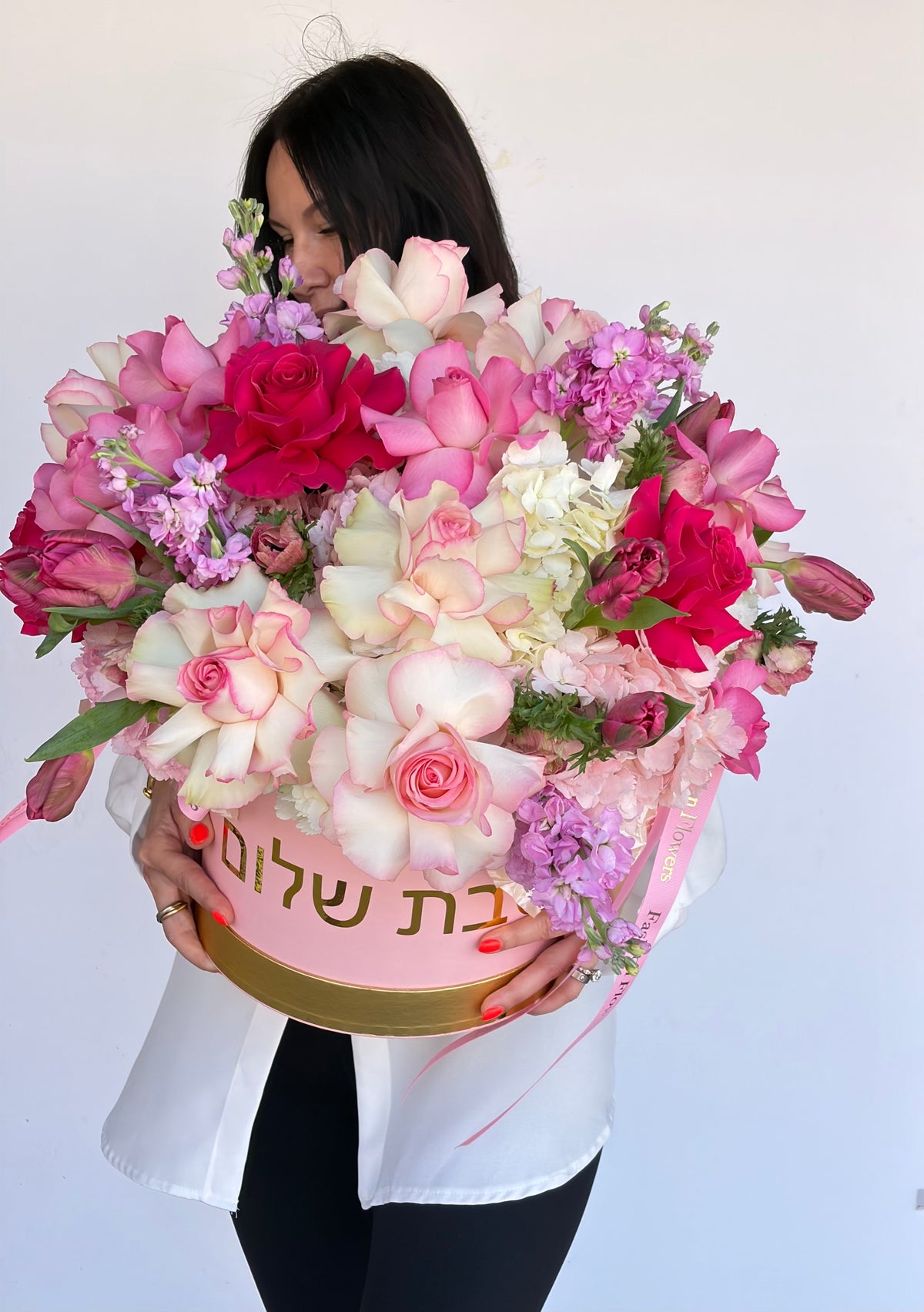Shabbat Shalom: roses, hydrangeas, tulips, anemones, stock in a flower box arrangement