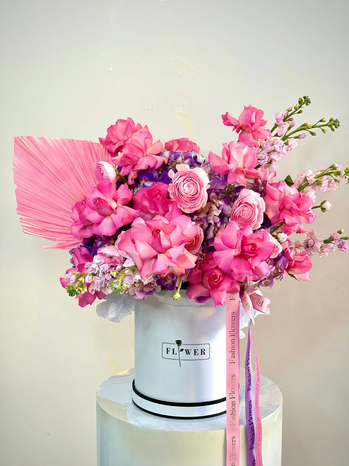 Flower Box Arrangement of roses, ranunculus, hydrangeas, stock, seasonal flowers — Barbie Dream