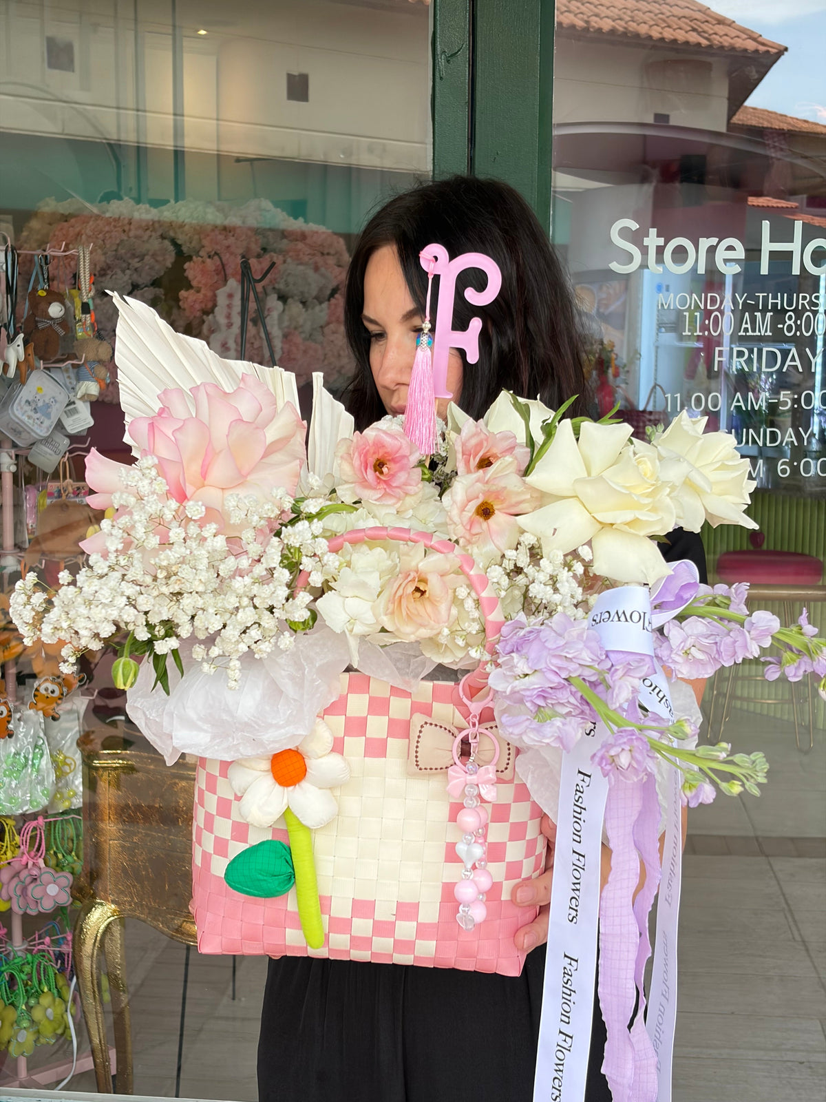 Flower Bag Arrangement of fresh seasonal flowers, ribbons, decorative charms — Angel Cloud