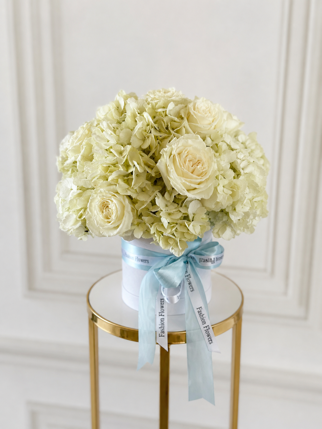 Ivory Cloud: white hydrangeas, ivory roses in a flower box arrangement