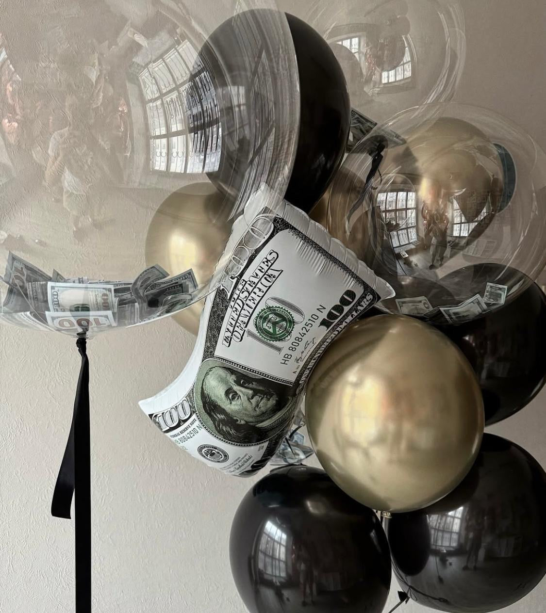 Money Balloon Set – Black & Gold Luxury Balloon Bouquet with Dollar Design