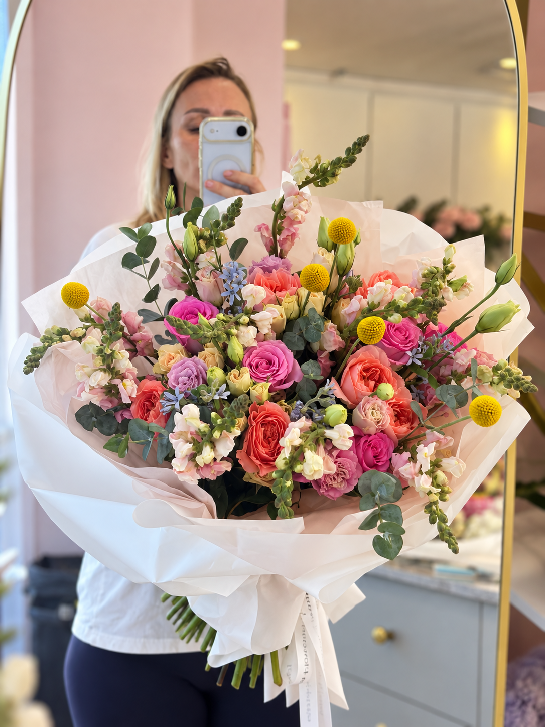 Hand-Tied Bouquet of roses, seasonal flowers, yellow accents, eucalyptus — Candy Bloom