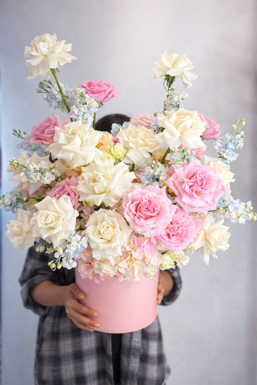 In Love With Pink: garden roses, hydrangeas, seasonal ivory blooms in a flower box arrangement