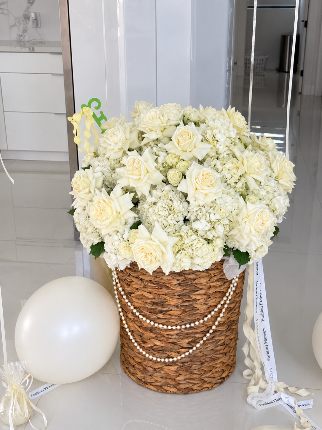Basket Arrangement of white and ivory roses, spray roses, hydrangeas, seasonal white flowers — The White Pearl