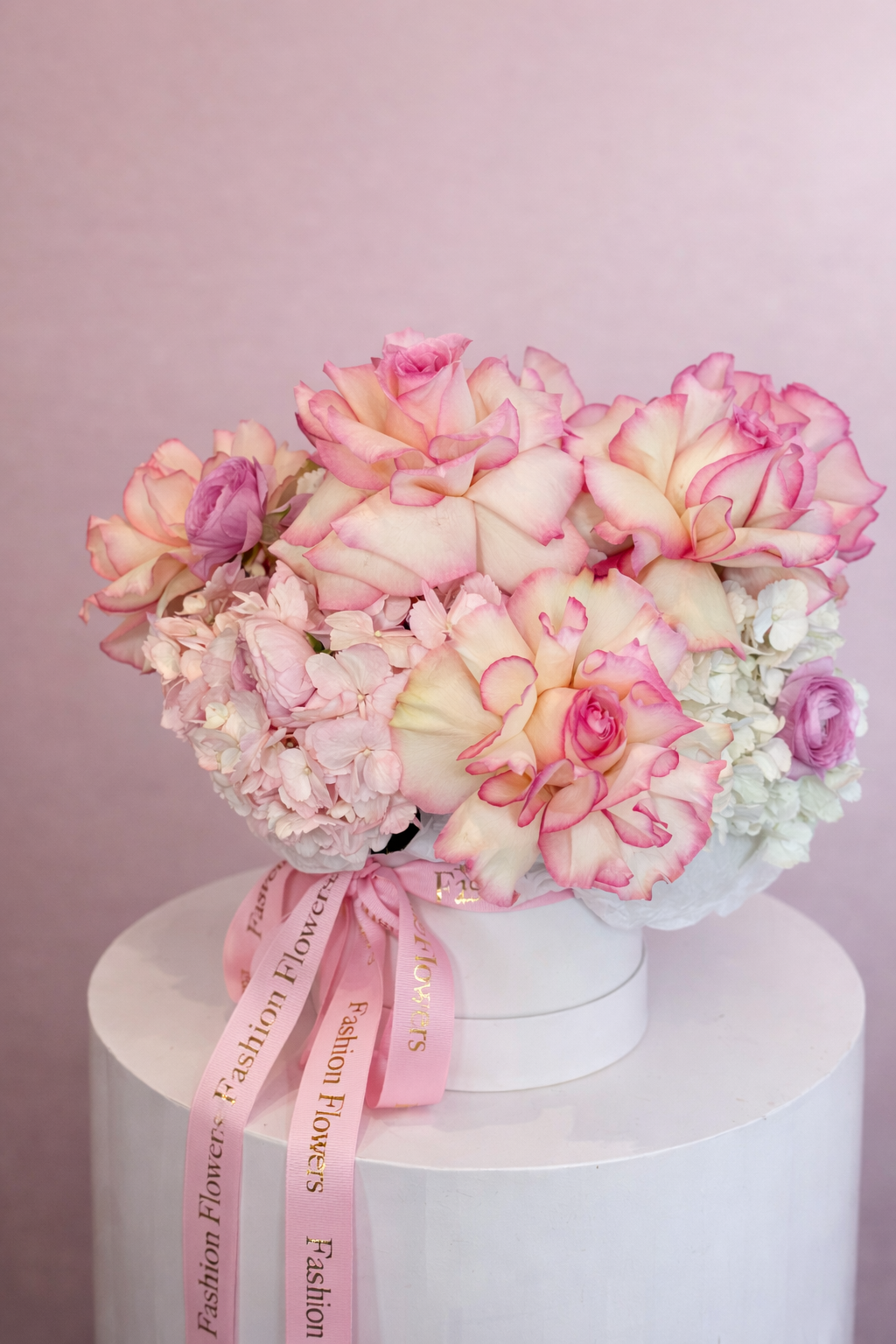 Sweet Blush Blooms: cream roses with pink edges, blush hydrangeas, seasonal white blooms in a flower box arrangement